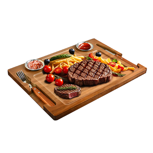 Wood Steak Cutting Board with Fork, Knife and Ramekins