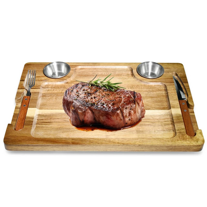 Wood Steak Cutting Board with Fork, Knife and Ramekins